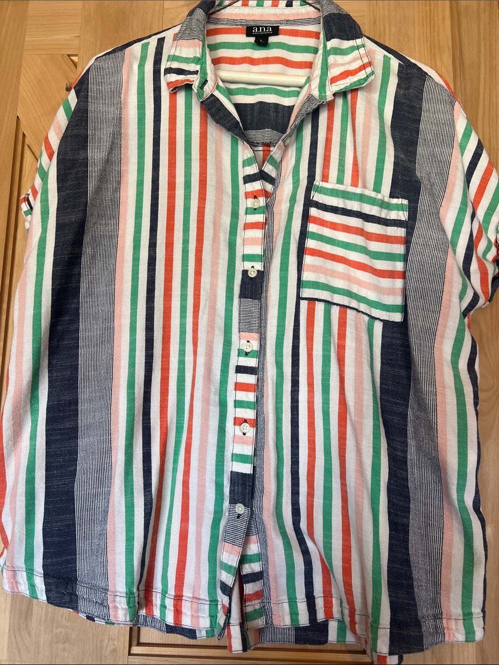A.n.a Navy, Green, Coral and White Striped Button-Up Shirt